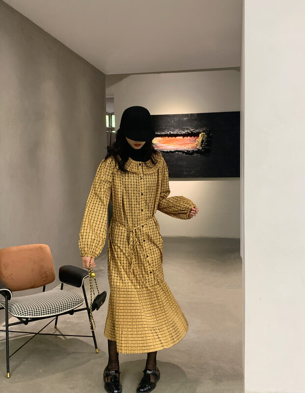 【NEIHE】Retro plaid stitching and pleated temperament high-end dress 6281# JHY