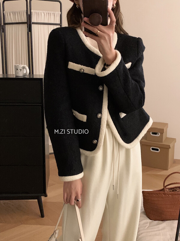 【M.ZI STUDIO】Small Fragrance Contrast Color Round Collar Short Jacket 12116# HBX