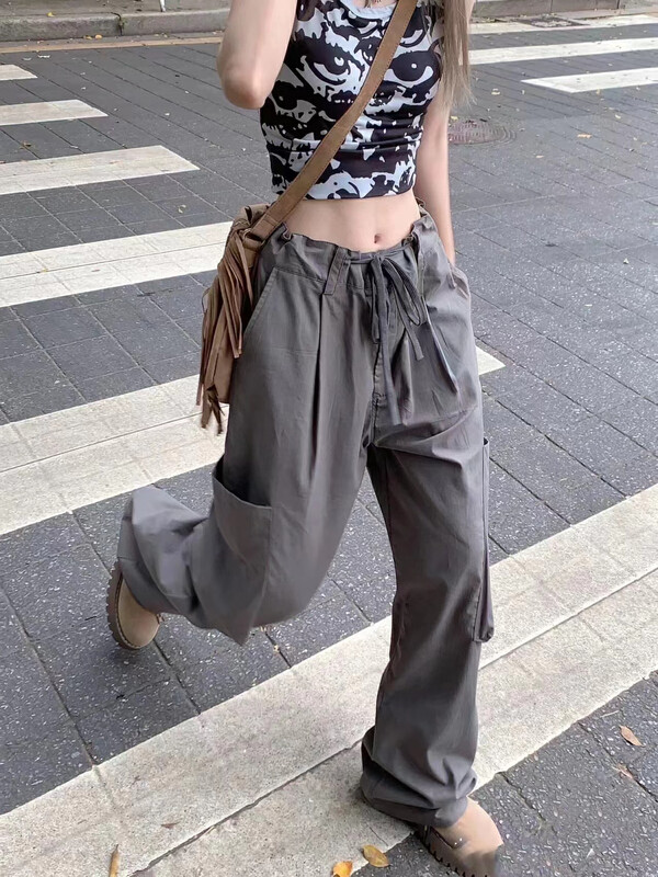 [KAKAMEE] American high street drawstring design tooling casual pants summer thin material large pocket tooling s666