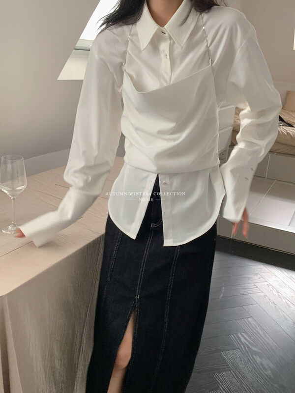 【NEIHE】French top fake two-piece lapel shirt shirt 6192# JHY