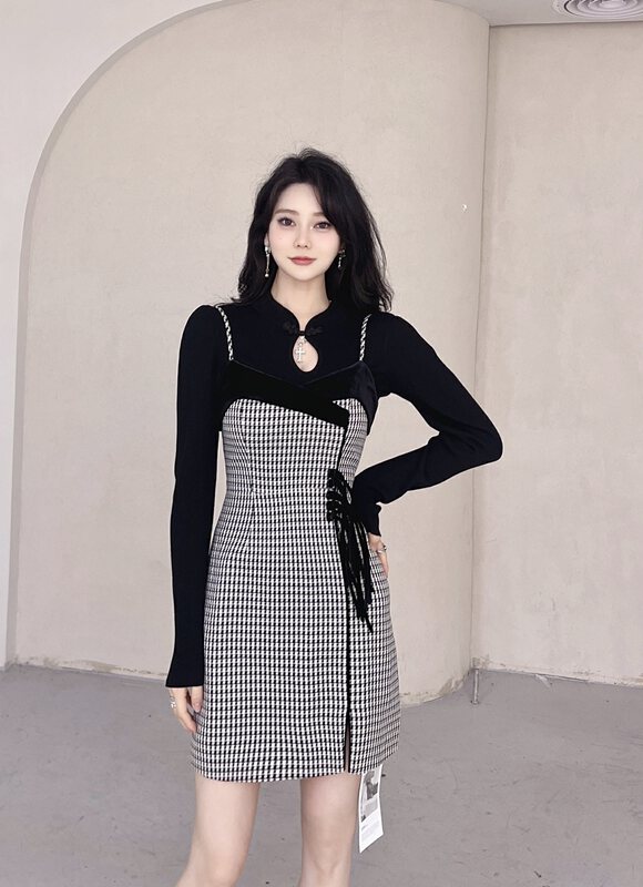 Autumn is new! [MI2 (N: AA)] Button Design Slim Knit Sweater + Houndstooth Button Tank Top Skirt Two-piece Suit B6474# JJ