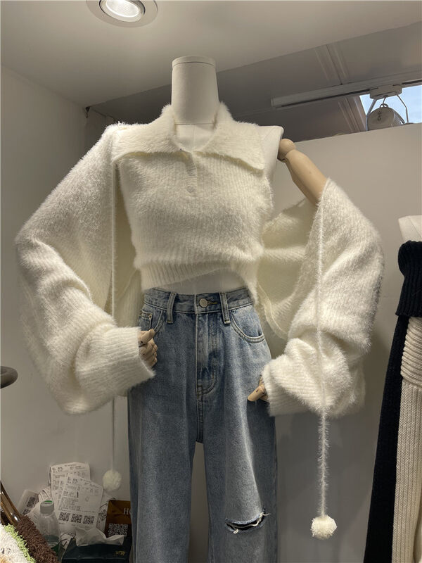 Autumn models are new! [Korean C home] small woman temperament sweater POLO neck vest + loose knitted cardigan suit 0687# PCZ