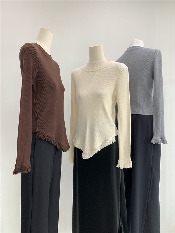 New in Autumn! [Concept Store - Object Reverse] Solid Color Irregular Hem Fringed Knit Sweater DVD-DF1092# CHO