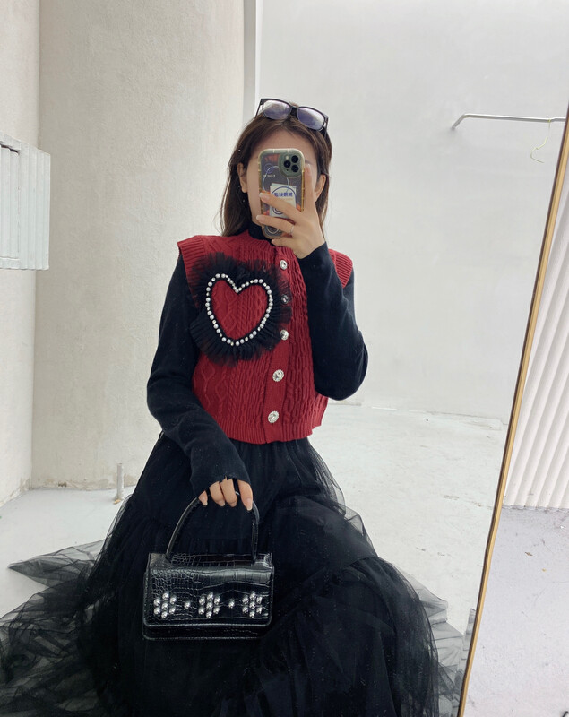 【MI2(N:AA)】Love all-match fungus edge short vest + mesh dress suit E9068-1# JJ