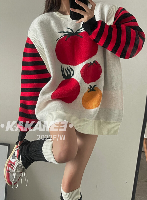 [KAKAMEE] Arctic velvet fun jacquard fake two-piece stitching striped sweater sweater 1838