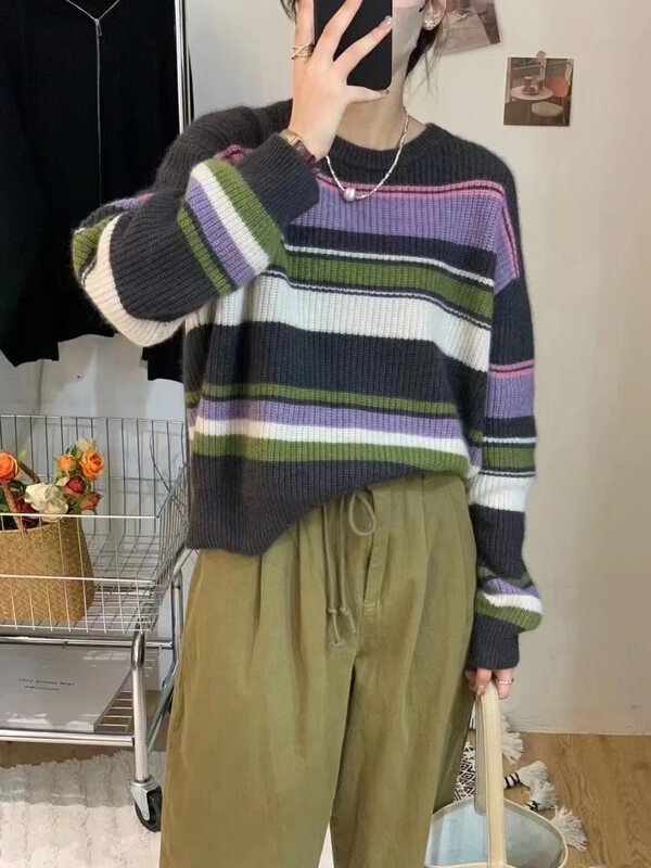 New in winter! [M.ZI STUDIO] Versatile Striped Contrast Color Warm Sweater 595# HBX