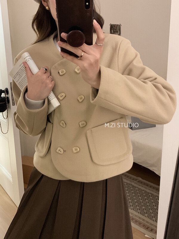 【M.ZI STUDIO】Fashionable double-breasted temperament short coat 12098# HBX