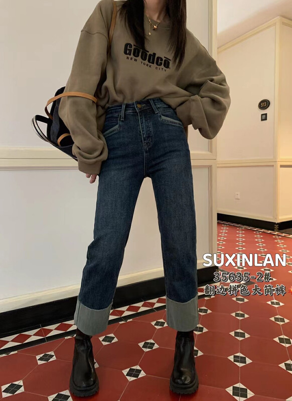 New in autumn! [Su Xinlan/YOUMO] stitching design retro straight jeans 35635-1# LSL