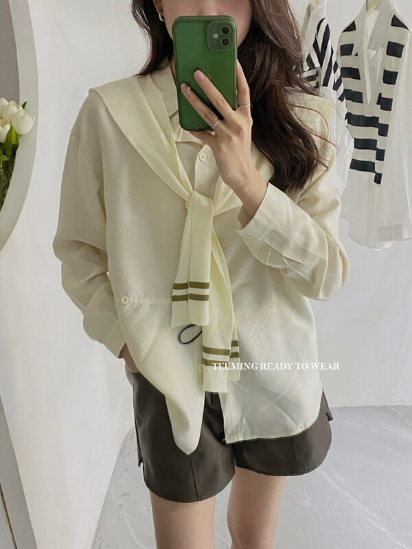 Original price 66.55! New in early autumn! [TEEM ING] Design retro fashion shirt (with detachable shawl) 22T565# HJY