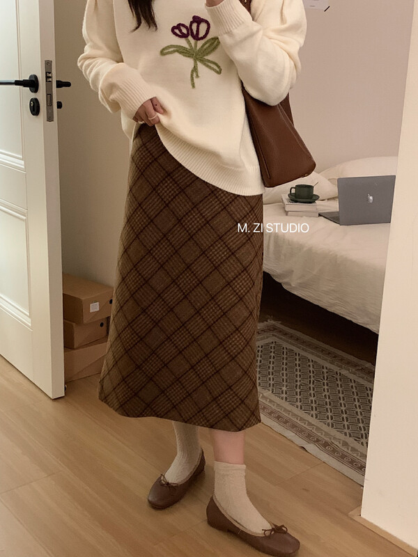 New in winter!【M.ZI STUDIO】Retro all-match plaid skirt 18002# HBX