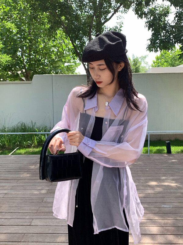 【NEIHE】Thin see-through lace-up long-sleeved shirt 88037# JHY