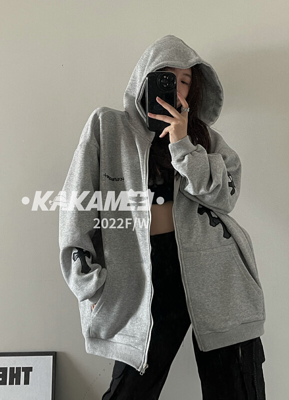 [KAKAMEE] High Street American Leather Embroidered Cross Chapters Plus Velvet Cardigan Jacket Short Jacket 5272