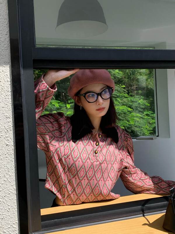 【NEIHE】French retro puff sleeve knitted diamond shirt shirt 6109# JHY