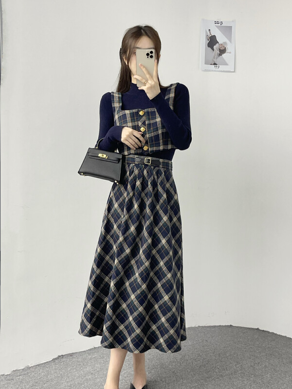 【MI2(N:AA)】High-neck sweater + plaid vest + elegant skirt suit E9514# JJ