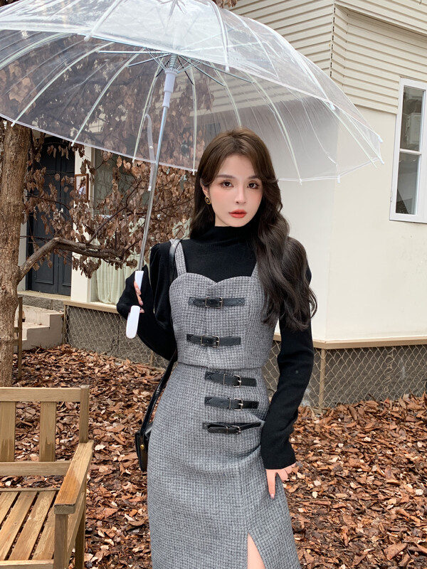 New in winter! [MI2 (N: AA)] Versatile Plaid Vest + Neat Knit Sweater + Split High Waist Skirt Suit E9515# JJ