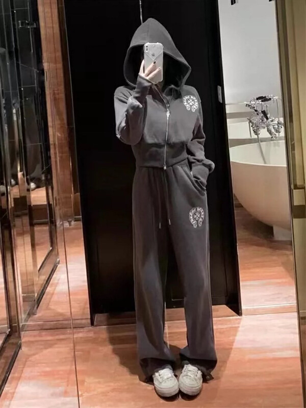[KAKAMEE] 2022 new high street style plus velvet shoulder pad two-piece suit hooded short coat wide-leg casual pants S818