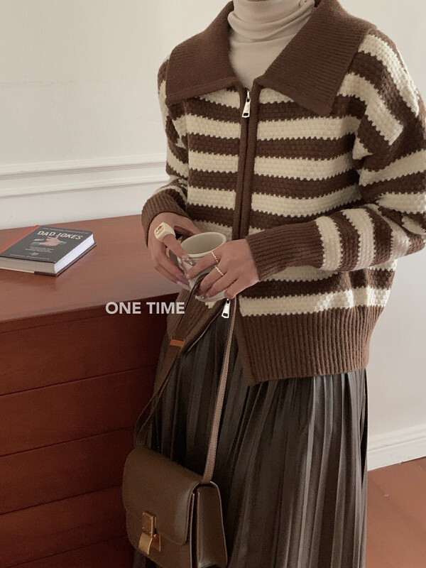 New in winter!【ONE TIME】Large lapel double zipper striped warm sweater OT7668# JHY
