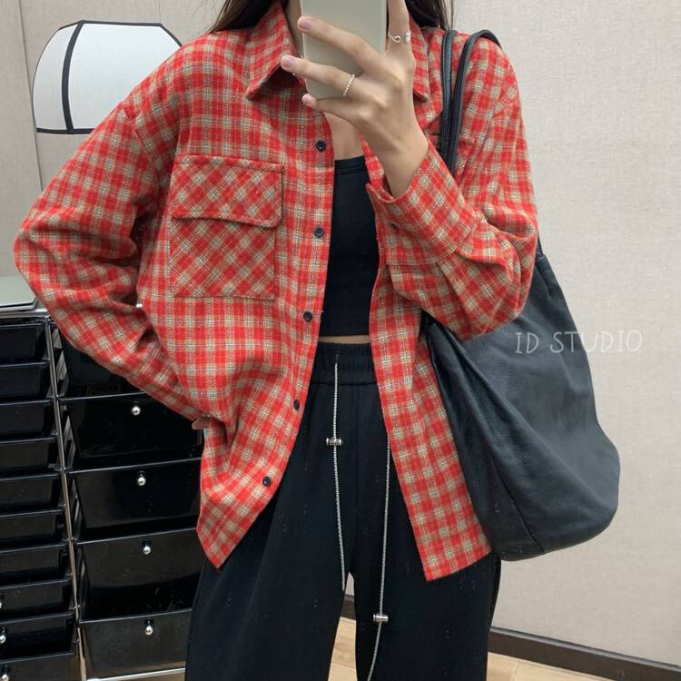 New in winter! [I-D] Korean version all-match thickened plaid shirt R2022# L