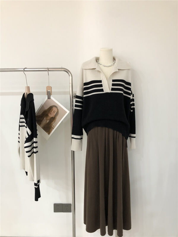 [Concept Store - Object Reverse] Korean Versatile Polo Collar Striped Long Sleeve Warm Sweater (including 100% Wool) 2-4331# MX