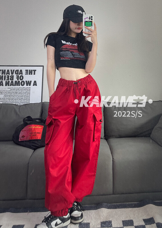 [KAKAMEE] American-style national tide multi-pocket adjustable knot casual pants loose and thin elastic drawstring trousers 5106