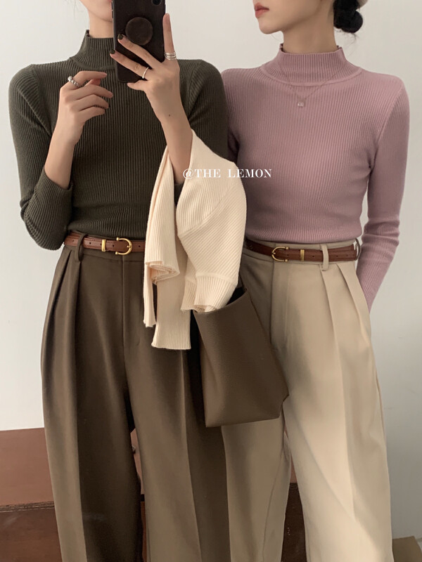 【Lemon Green Tea】Half turtleneck basic all-match solid color knitted bottoming shirt G-002# FHX