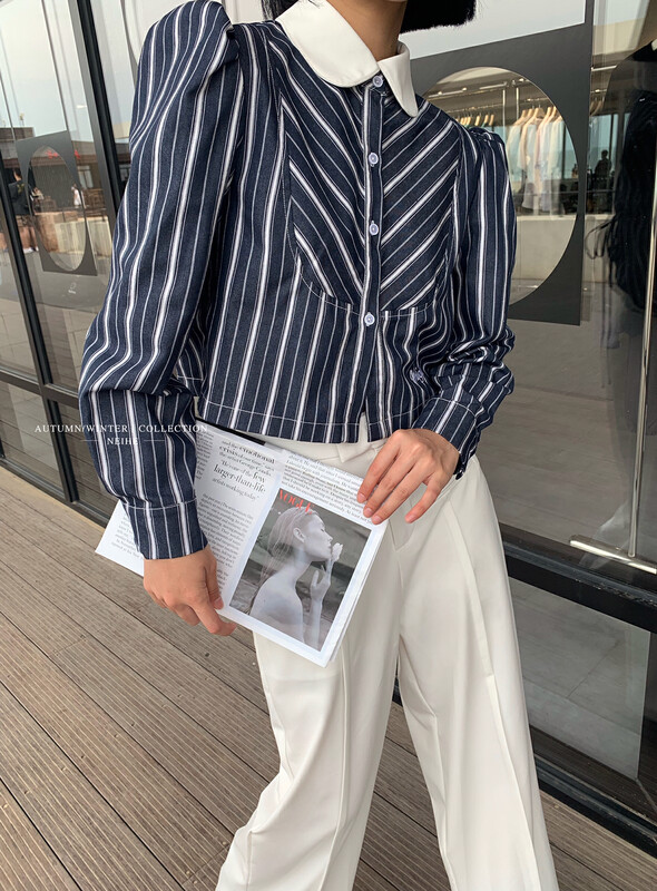【NEIHE】Striped Short Denim Shirt Shirt 6102