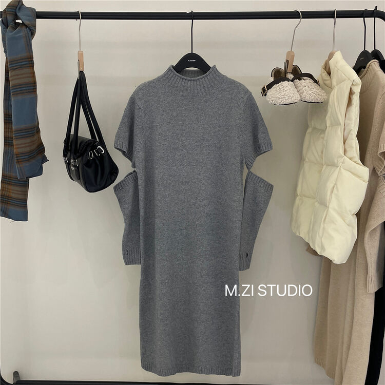 【M.ZI STUDIO】Korean casual solid color sweater dress (with sleeves) 601# HBX