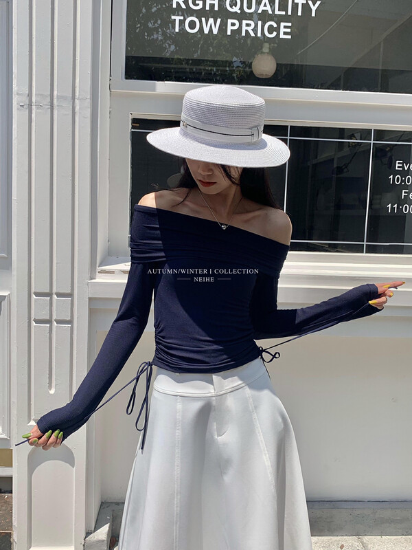 [NEIHE] One-shoulder drawstring slim bottoming shirt long-sleeved T-shirt 6086
