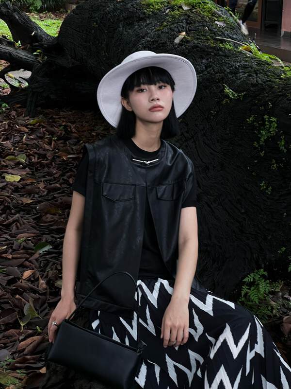 【NEIHE】PU Leather One Button Design Small Round Neck Vest Jacket Vest 88089# JHY