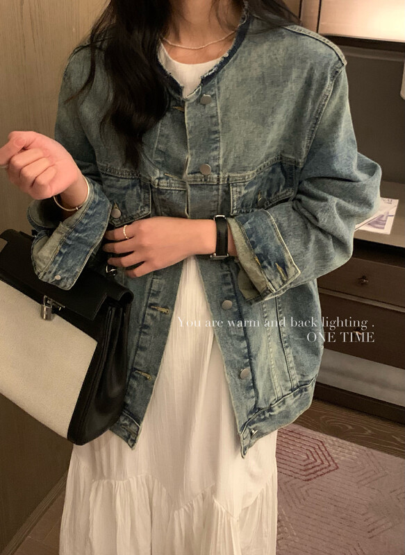 New in early autumn! [ONE TIME] Round neck retro Hong Kong style washed denim jacket OT7375# JHY