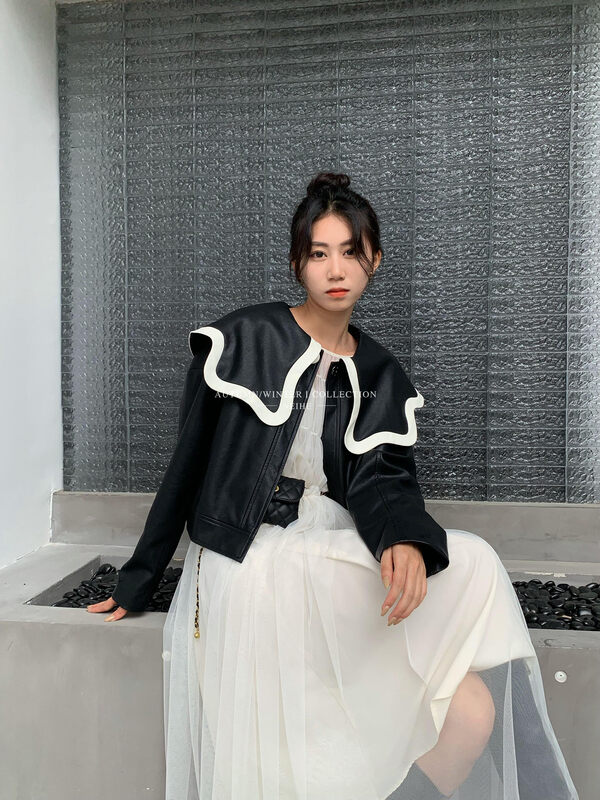 【NEIHE】Contrast color edge lotus leaf collar long sleeve one button short coat short coat 88067# JHY