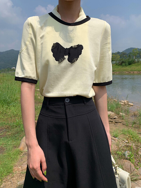 【NEIHE】Bow knot cute short-sleeved T-shirt Short-sleeved T-shirt 88016# JHY