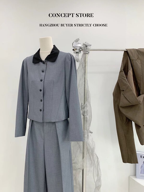 Autumn models are new! 24H delivery! [Concept Store - Object Reverse] Contrast Color Collar Small Fragrance Short Jacket + Commuter Trousers Suit KM-2A2033# CHO
