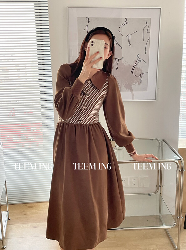【TEEM ING】French stitching slim dress 22T666# HJY