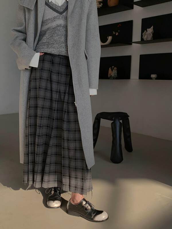 【NEIHE】Retro Pleated Skirt Versatile High Waist Plaid Skirt Skirt (with Belt) 88131# JHY