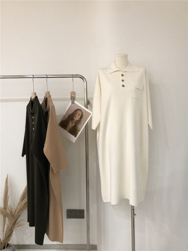 [Concept Store-Reverse] Casual Simple Polo Collar Mid-Length Dress (100% Wool) 18-9016# MX