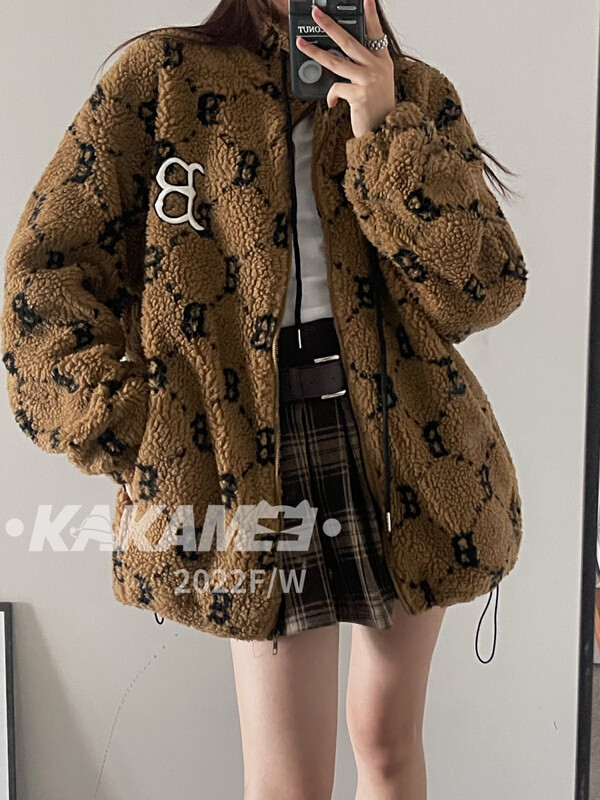 【KAKAMEE】Korea Tide Brand Baseball Uniform Lamb Fleece Hooded Jacket Lamb Wool Cotton Short Jacket 3663-1# CQW
