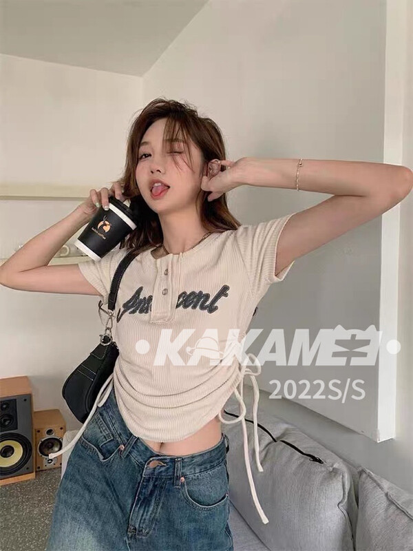 [KAKAMEE] American hot girl design drawstring front shoulder short sleeve T-shirt fried street Korean version must-have 5060