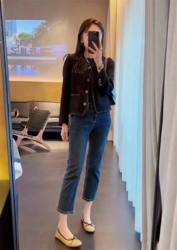 Original price 82.34! New in autumn!  【Su Xinlan/YOUMO】Simple and versatile elastic small straight cropped jeans 61262# LSL