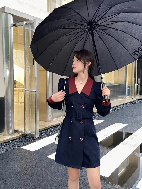 Autumn is new! [MI2 (N: AA)] Puff sleeve color-blocking double-breasted dress (with belt) E9517# JJ