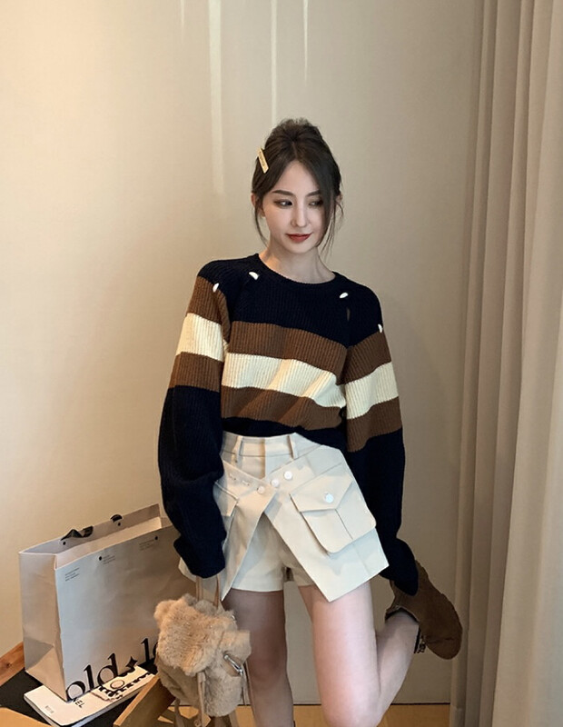 New for winter!  【SAVAGE】Round Neck Striped Loose Thermal Sweater S1015# WPL