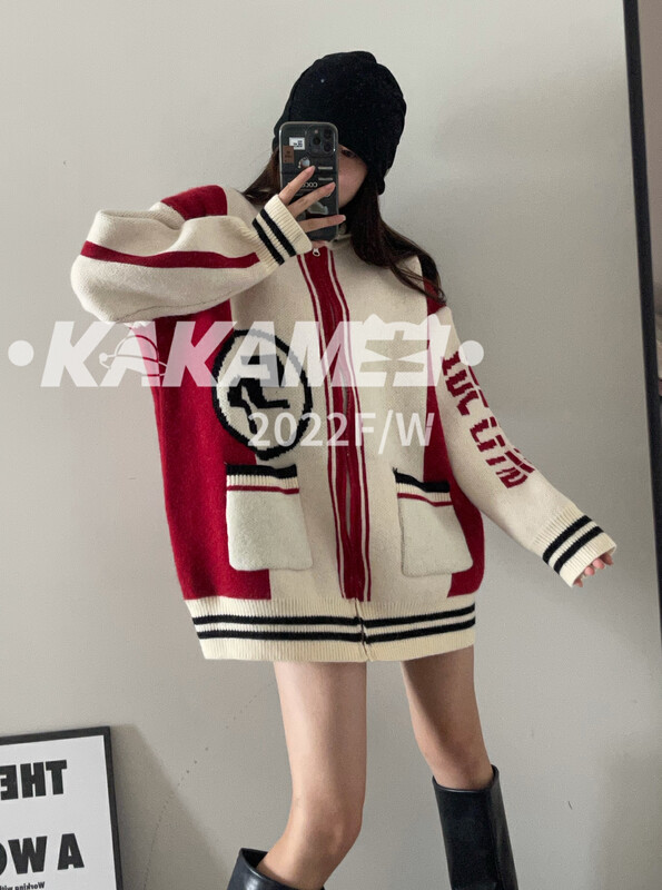 [KAKAMEE] 2022 new American street color contrast design sweater knitted cardigan loose and casual 1963