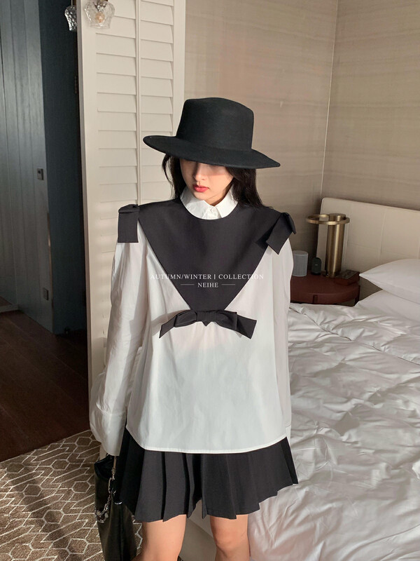 【NEIHE】College style bow design shirt shirt (with shawl) 6010# JHY