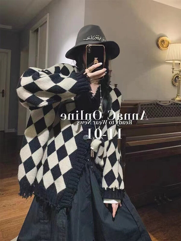 Autumn and winter new style! [Korean C home] Lazy wind diamond lattice large thermal sweater 9060# PCZ