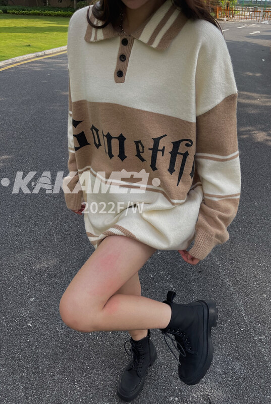 Original price 98.99! [KAKAMEE] Autumn new American high street style Sanskrit font striped polo collar sweater loose and casual large version slimming 1836