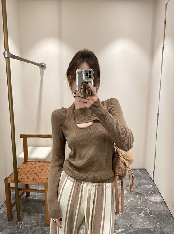 【SAVAGE】French all-match solid color round neck hollow knitted sweater S1190# WPL