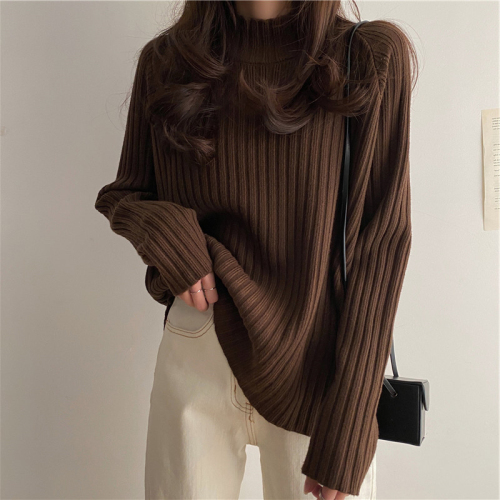 Large size coffee color sweater women's autumn and winter new fat mm mid-length loose and lazy wind half turtleneck knitted bottoming shirt