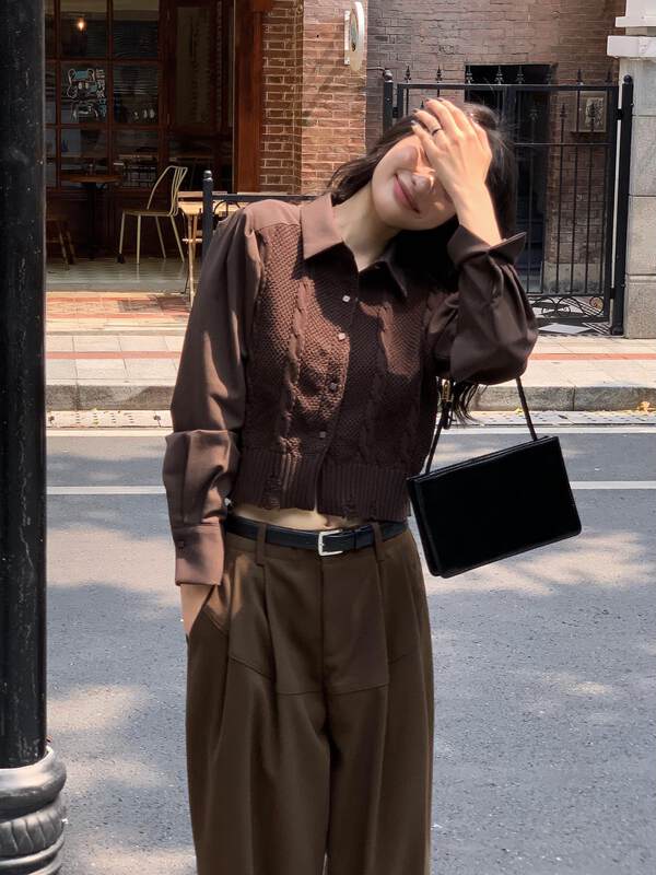 【NEIHE】Ripped knitted stitched lapel long-sleeved shirt 88127# JHY