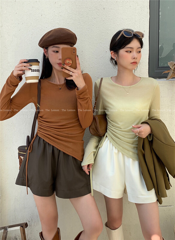 [Lemon Green Tea] Round Neck Drawstring Long Sleeve Solid Color Design Long Sleeve T-Shirt 2287
