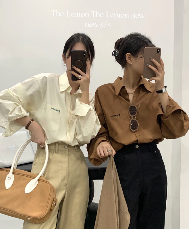 [Lemon Green Tea] Korean Loose Letter Embroidered Temperament Shirt 23800# FHX